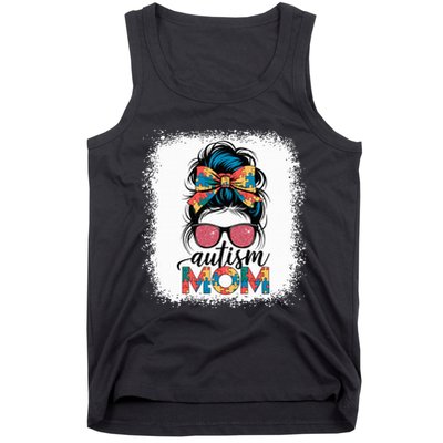 Autism Awareness Messy Bun Autism Mom Coquette Bow Puzzle Tank Top