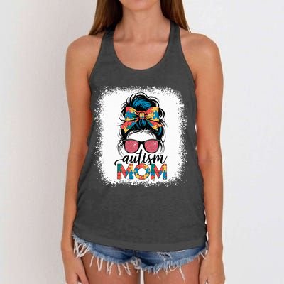 Autism Awareness Messy Bun Autism Mom Coquette Bow Puzzle Women's Knotted Racerback Tank