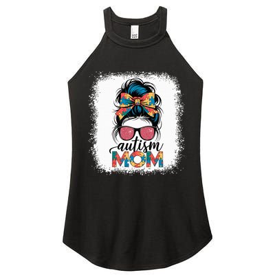 Autism Awareness Messy Bun Autism Mom Coquette Bow Puzzle Women's Perfect Tri Rocker Tank