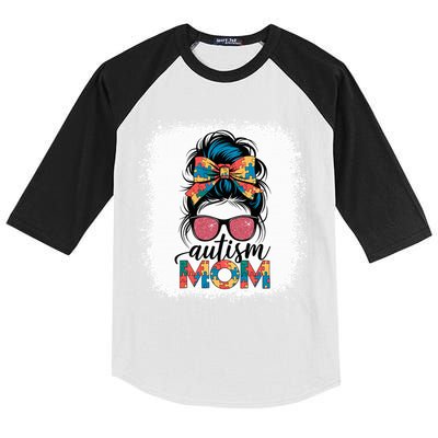 Autism Awareness Messy Bun Autism Mom Coquette Bow Puzzle Kids Colorblock Raglan Jersey