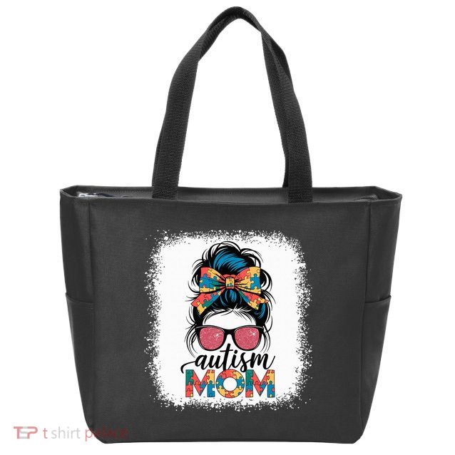 Autism Awareness Messy Bun Autism Mom Coquette Bow Puzzle Zip Tote Bag