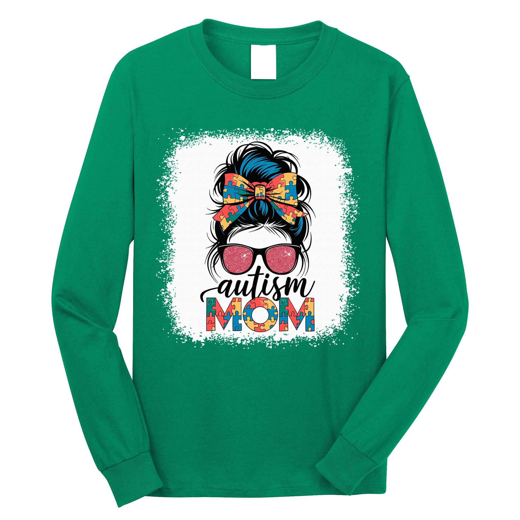 Autism Awareness Messy Bun Autism Mom Coquette Bow Puzzle Long Sleeve Shirt