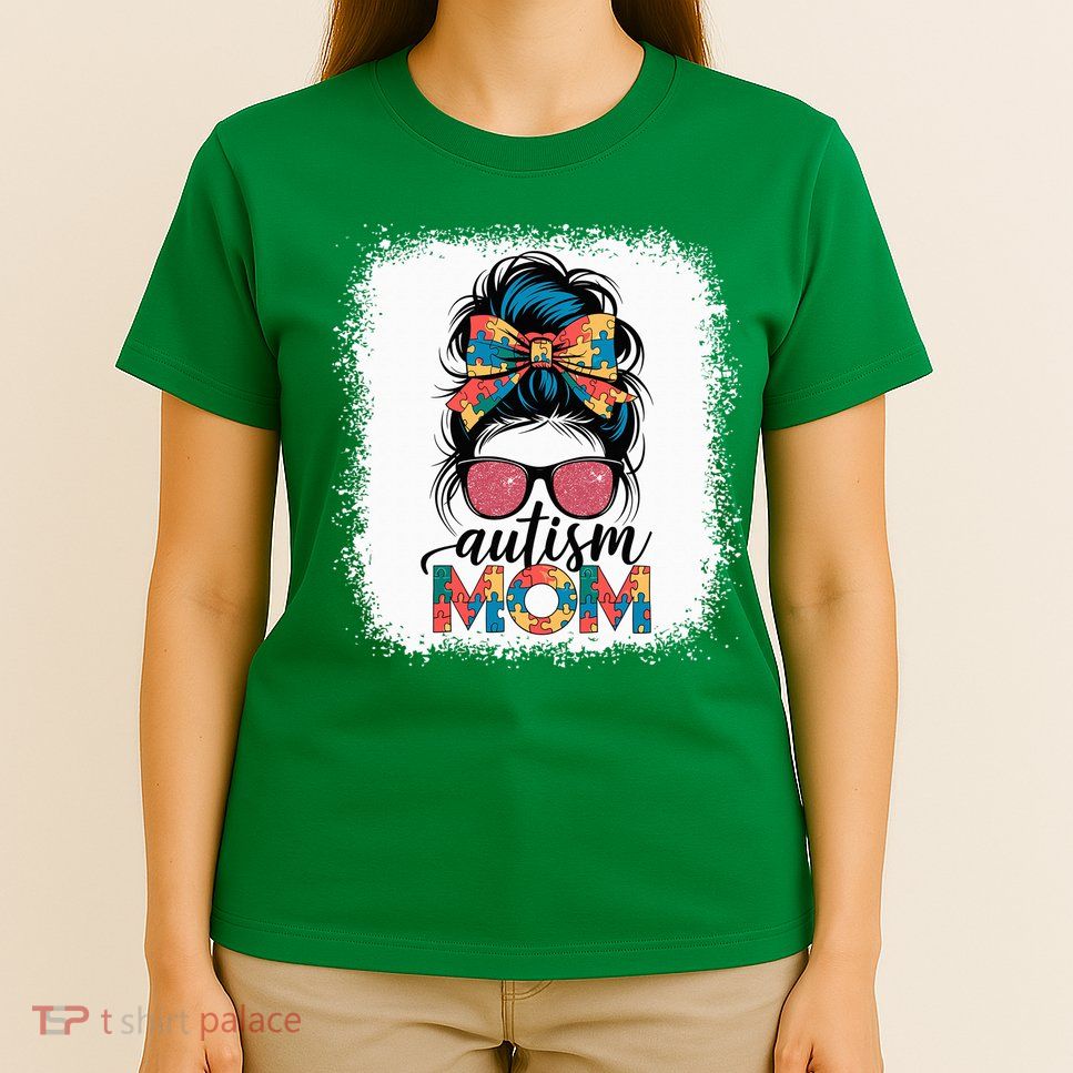 Autism Awareness Messy Bun Autism Mom Coquette Bow Puzzle T-Shirt