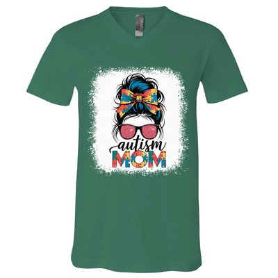 Autism Awareness Messy Bun Autism Mom Coquette Bow Puzzle V-Neck T-Shirt