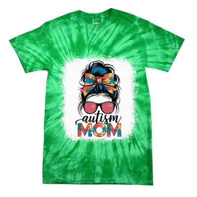 Autism Awareness Messy Bun Autism Mom Coquette Bow Puzzle Tie-Dye T-Shirt