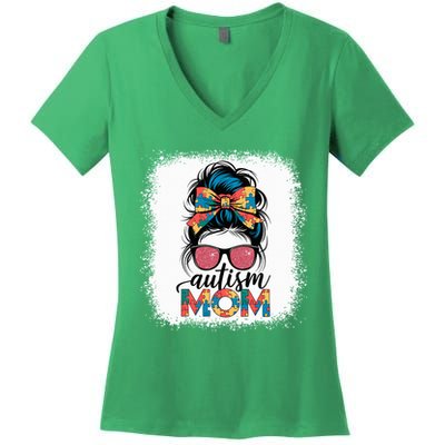 Autism Awareness Messy Bun Autism Mom Coquette Bow Puzzle Women's V-Neck T-Shirt