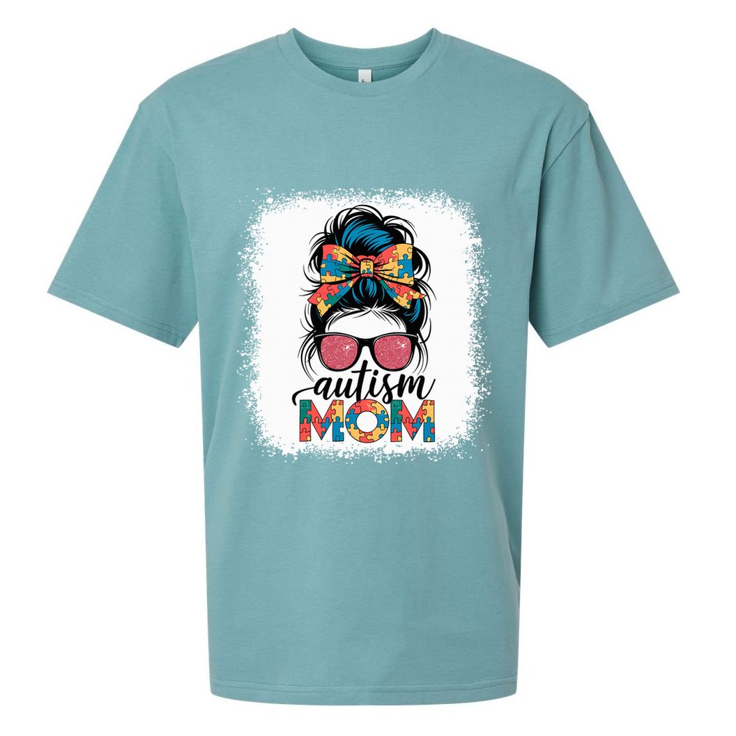Autism Awareness Messy Bun Autism Mom Coquette Bow Puzzle Sueded Cloud Jersey T-Shirt
