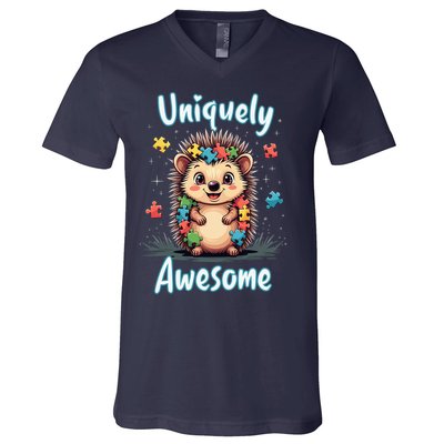 Autism Awareness Month Hedgehog Acceptance Neurodiversity V-Neck T-Shirt
