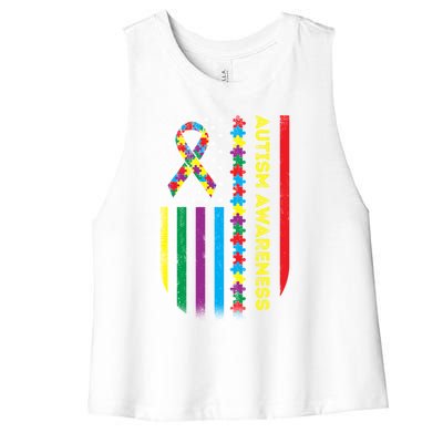 Autism Awareness Month American Flag Autism Gift Women's Racerback Cropped Tank