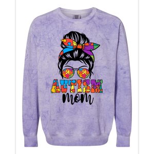 Autism Awareness Mom Messy Bun Gift Colorblast Crewneck Sweatshirt