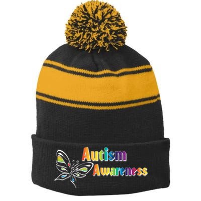 Autism Awareness Month Minimalist Butterfly Stripe Pom Pom Beanie