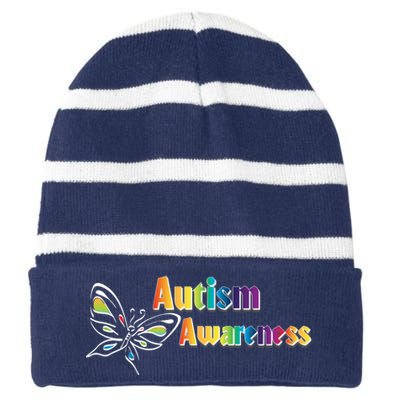 Autism Awareness Month Minimalist Butterfly Striped Beanie with Solid Band