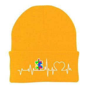 Autism Awareness Month Autism Puzzle Piece On Heartbeat Line Gift Knit Cap Winter Beanie