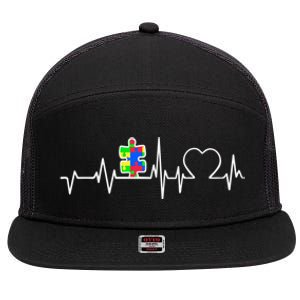 Autism Awareness Month Autism Puzzle Piece On Heartbeat Line Gift 7 Panel Mesh Trucker Snapback Hat