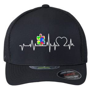 Autism Awareness Month Autism Puzzle Piece On Heartbeat Line Gift Flexfit Unipanel Trucker Cap