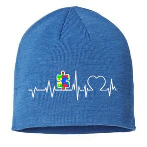 Autism Awareness Month Autism Puzzle Piece On Heartbeat Line Gift Sustainable Beanie