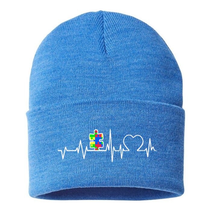 Autism Awareness Month Autism Puzzle Piece On Heartbeat Line Gift Sustainable Knit Beanie