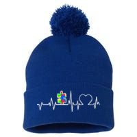 Autism Awareness Month Autism Puzzle Piece On Heartbeat Line Gift Pom Pom 12in Knit Beanie