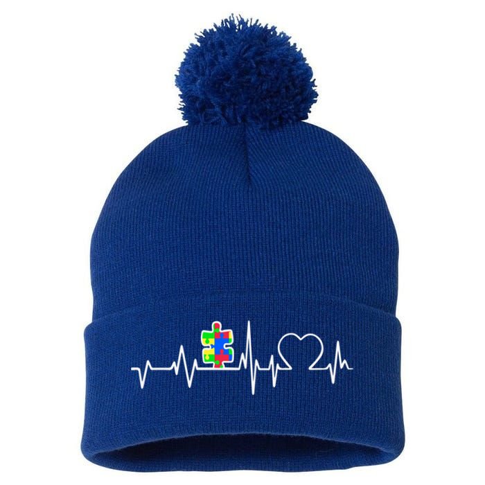 Autism Awareness Month Autism Puzzle Piece On Heartbeat Line Gift Pom Pom 12in Knit Beanie