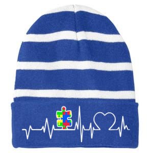 Autism Awareness Month Autism Puzzle Piece On Heartbeat Line Gift Striped Beanie with Solid Band