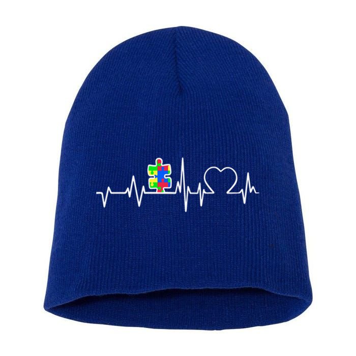 Autism Awareness Month Autism Puzzle Piece On Heartbeat Line Gift Short Acrylic Beanie