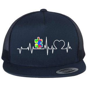 Autism Awareness Month Autism Puzzle Piece On Heartbeat Line Gift Flat Bill Trucker Hat