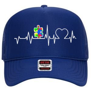 Autism Awareness Month Autism Puzzle Piece On Heartbeat Line Gift High Crown Mesh Back Trucker Hat