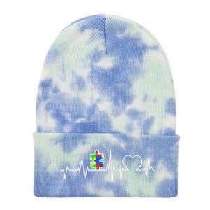 Autism Awareness Month Autism Puzzle Piece On Heartbeat Line Gift Tie Dye 12in Knit Beanie