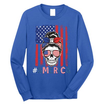 All American Mama Leopard Flag Messy Bun Skull Mom 4th July Gift Long Sleeve Shirt