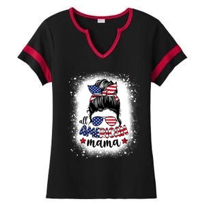 All American Mama Messy Bun Patriotic Mom Life Bleached Gift Ladies Halftime Notch Neck Tee