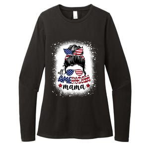 All American Mama Messy Bun Patriotic Mom Life Bleached Gift Womens CVC Long Sleeve Shirt