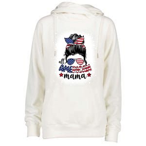 All American Mama Messy Bun Patriotic Mom Life Bleached Gift Womens Funnel Neck Pullover Hood