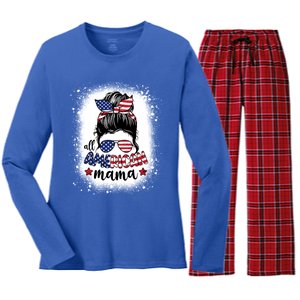 All American Mama Messy Bun Patriotic Mom Life Bleached Gift Women's Long Sleeve Flannel Pajama Set 