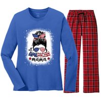 All American Mama Messy Bun Patriotic Mom Life Bleached Gift Women's Long Sleeve Flannel Pajama Set 