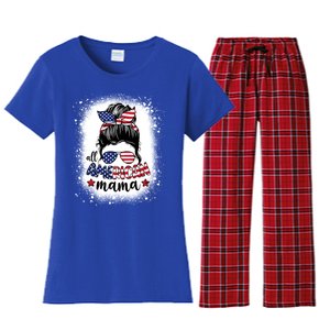 All American Mama Messy Bun Patriotic Mom Life Bleached Gift Women's Flannel Pajama Set