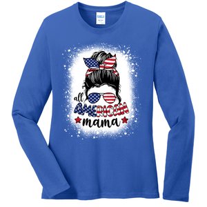 All American Mama Messy Bun Patriotic Mom Life Bleached Gift Ladies Long Sleeve Shirt