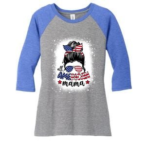 All American Mama Messy Bun Patriotic Mom Life Bleached Gift Women's Tri-Blend 3/4-Sleeve Raglan Shirt