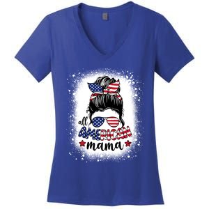 All American Mama Messy Bun Patriotic Mom Life Bleached Gift Women's V-Neck T-Shirt