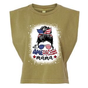 All American Mama Messy Bun Patriotic Mom Life Bleached Gift Garment-Dyed Women's Muscle Tee