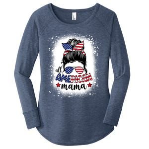 All American Mama Messy Bun Patriotic Mom Life Bleached Gift Women's Perfect Tri Tunic Long Sleeve Shirt