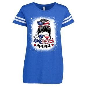 All American Mama Messy Bun Patriotic Mom Life Bleached Gift Enza Ladies Jersey Football T-Shirt