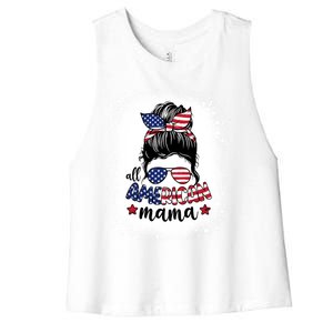 All American Mama Messy Bun Patriotic Mom Life Bleached Gift Women's Racerback Cropped Tank