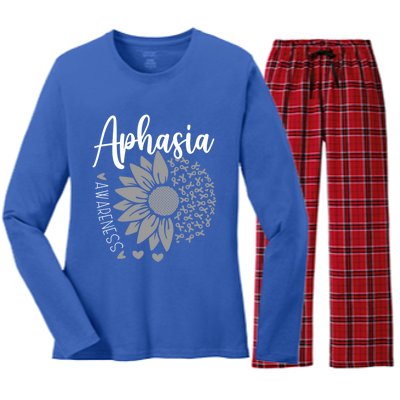 Aphasia Awareness Month Sunflower Grey Ribbon Cute Gift Women's Long Sleeve Flannel Pajama Set 