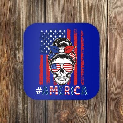 All American Mama Leopard Flag Messy Bun Skull Mom 4th July Cool Gift Coaster