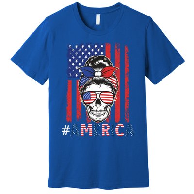 All American Mama Leopard Flag Messy Bun Skull Mom 4th July Cool Gift Premium T-Shirt