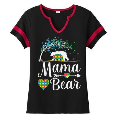 Autism Awareness Mama and Bear Support Autistic Autism Mom Ladies Halftime Notch Neck Tee