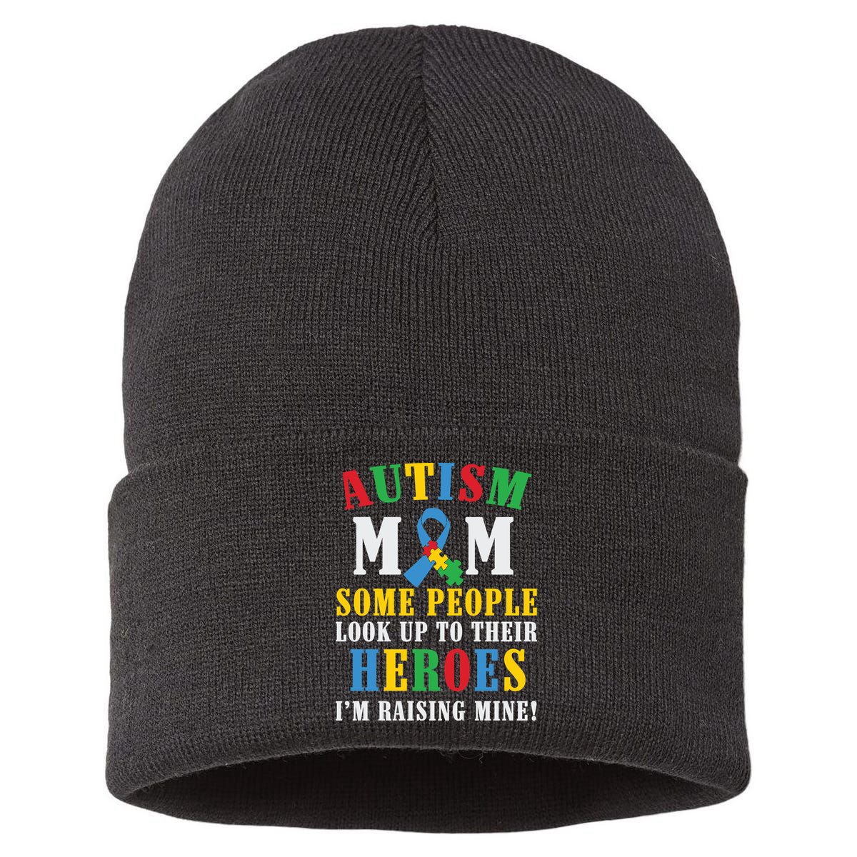 Autism Awareness Month Autism Mom Puzzle Ribbon Son Is My Hero Mother'sDay Sustainable Knit Beanie