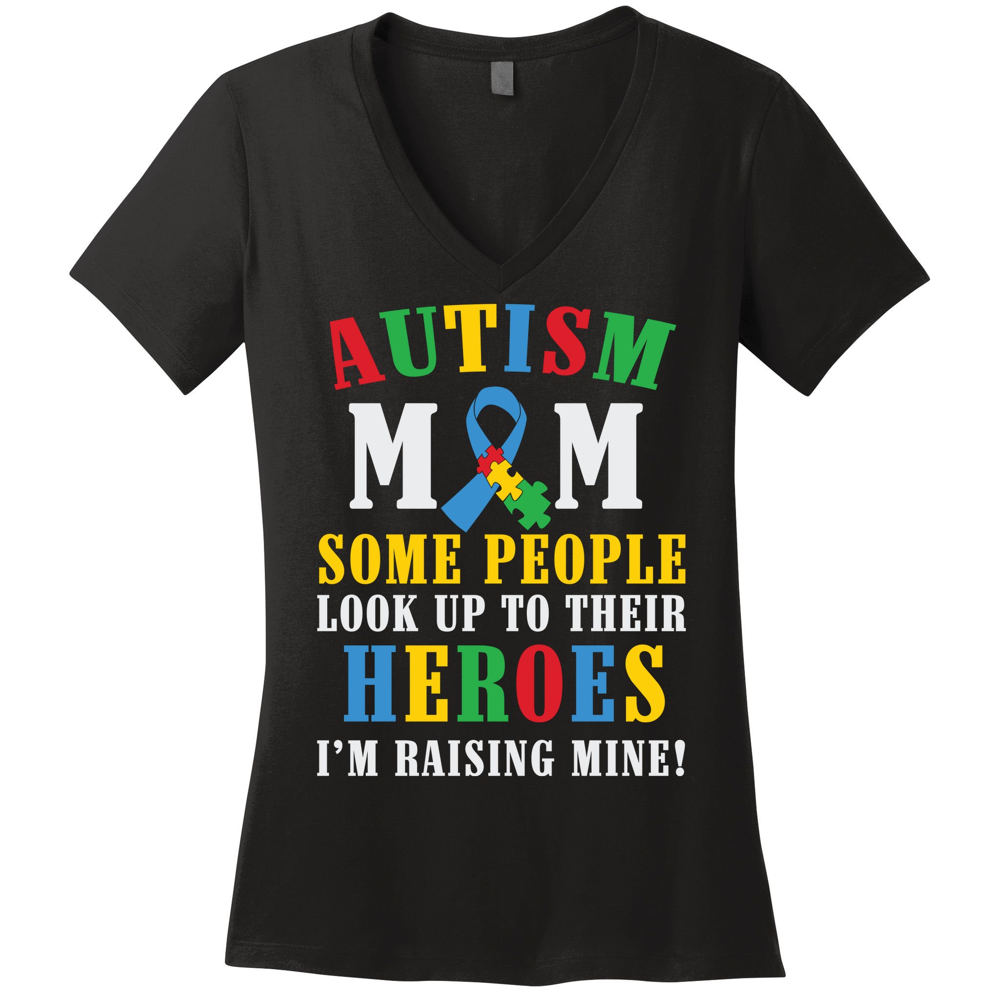 Autism Awareness Month Autism Mom Puzzle Ribbon Son Is My Hero Mother'sDay Women's V-Neck T-Shirt