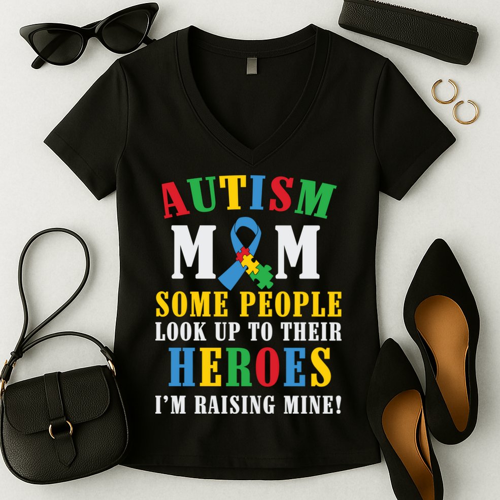 Autism Awareness Month Autism Mom Puzzle Ribbon Son Is My Hero Mother'sDay Women's V-Neck T-Shirt