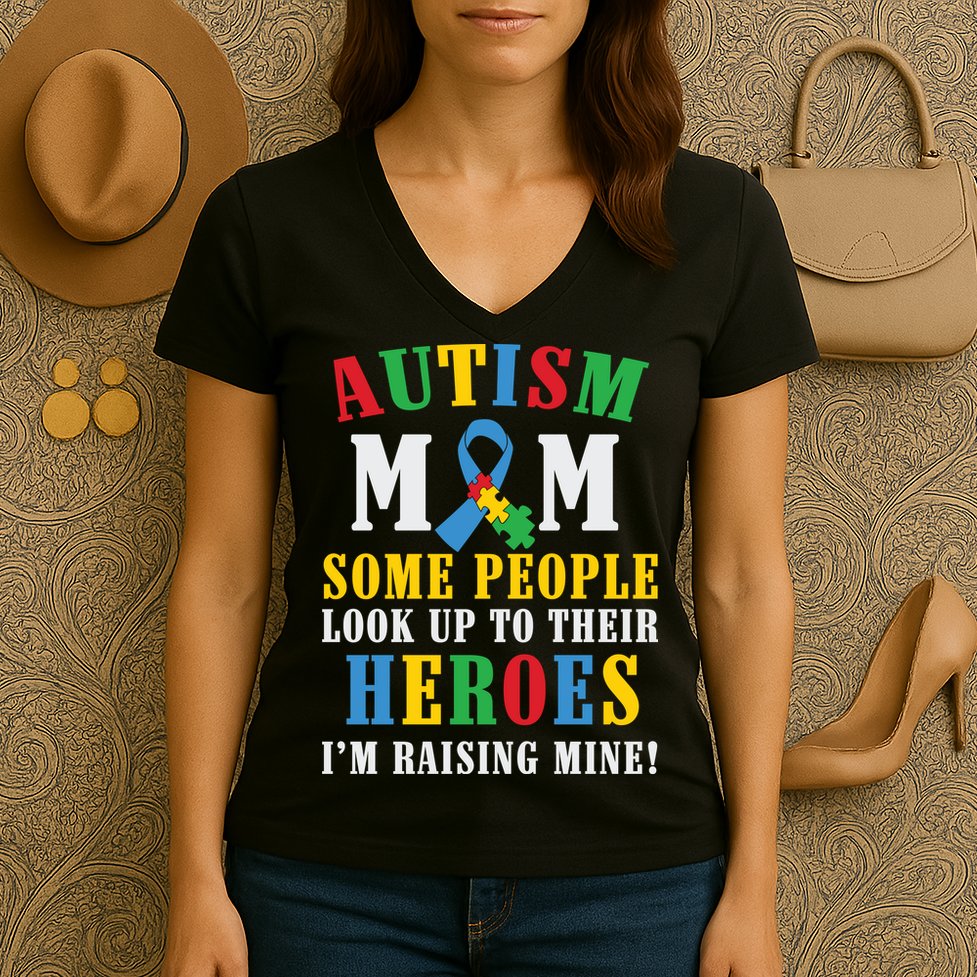 Autism Awareness Month Autism Mom Puzzle Ribbon Son Is My Hero Mother'sDay Women's V-Neck T-Shirt